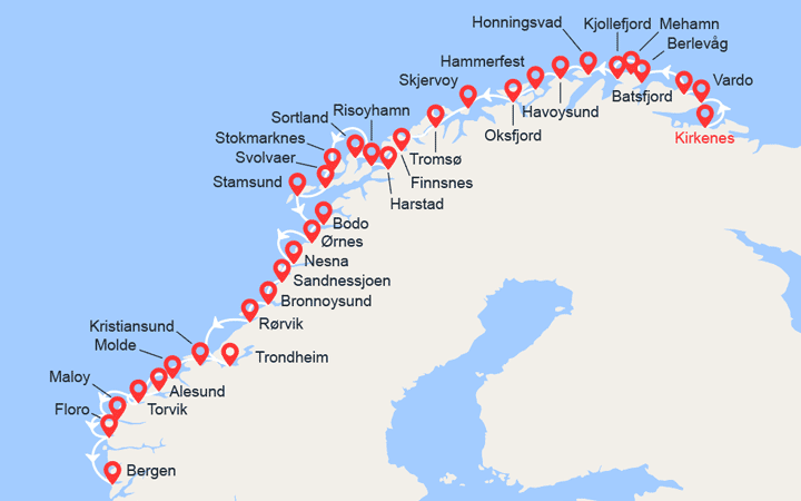 itinéraire croisière Fjords - Fjords : La Norvège du Sud au Nord: de bergen à Kirkenes 