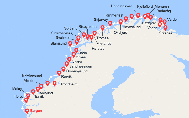 itinéraire croisière Fjords : La Norvège du Sud au Nord: de Bergen à Kirkenes 