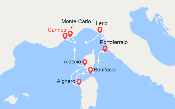 itinéraire croisière Méditerranée : Mer Ligurienne : Côte Azur, Elbe, Corse, Sardaigne 