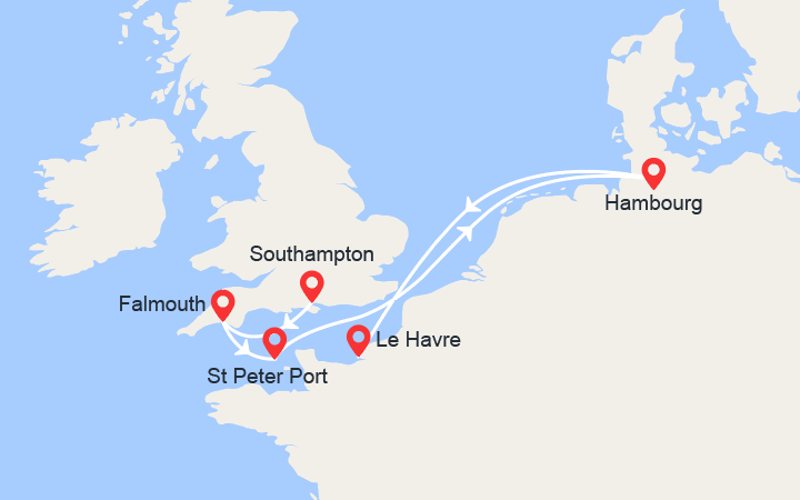itinéraire croisière Europe du Nord : Perles du Nord: Angleterre, Ile de Guernesey, Hambourg 
