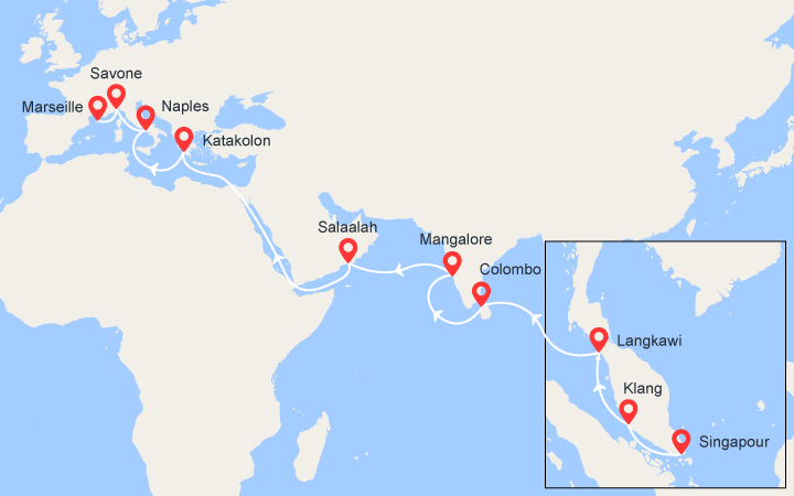 Croisière Singapour Malaisie Sri Lanka Inde Oman Grèce Italie France