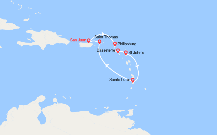 Carte itinéraire croisière st martin st kitts et nevis antigua ste lucie
