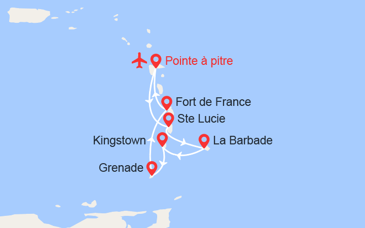 itinéraire croisière Caraïbes et Antilles : Ste Lucie, La Barbade, St Vincent, Grenade, Martinique - Vols inclus 