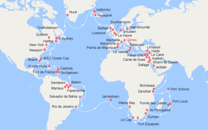 itinéraire croisière Tour du Monde : Tour du monde 2024 - Gênes à Warnemünde 