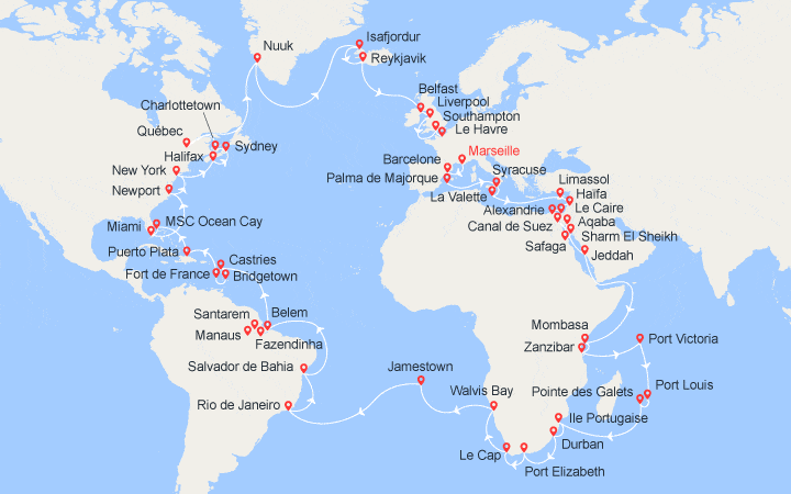 Itinéraire Tour du monde 2024 - Marseille au Havre 