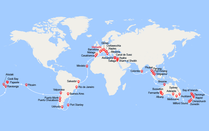 itinéraire croisière Tour du Monde : Tour du Monde 2025 au départ de Marseille 