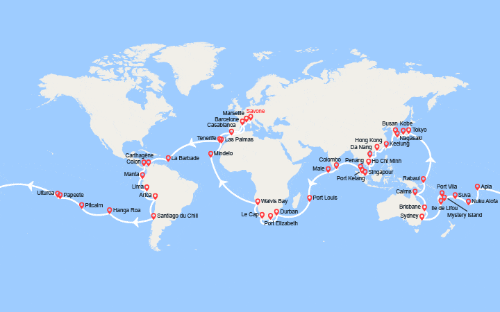 Itinéraire Tour du Monde 2026 au départ de Savone 