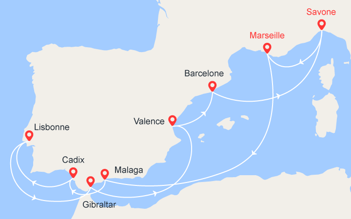 Itinéraire Toute la Méditerranée : Italie, France, Espagne, Portugal, Gibraltar 