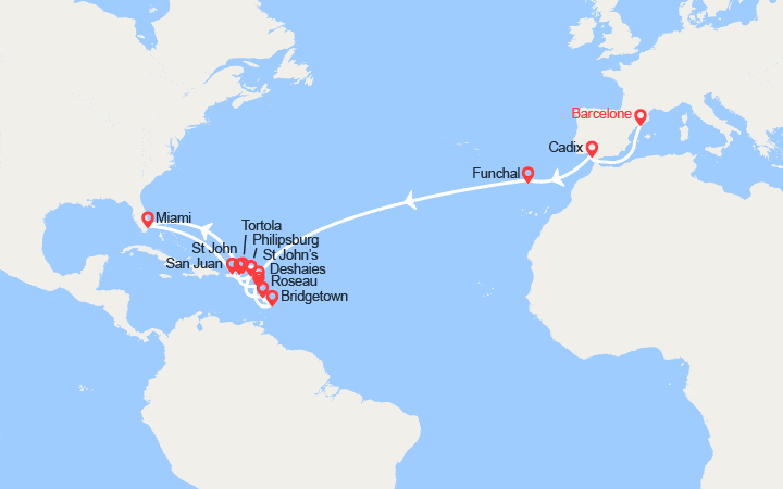 Itinéraire Transatlantique, de Barcelone à Miami : Madère, Caraïbes et Antilles 