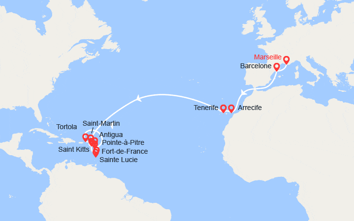 itinéraire croisière Transatlantique : Traversée Atlantique & Antilles : Marseille à Pointe-à-Pitre 