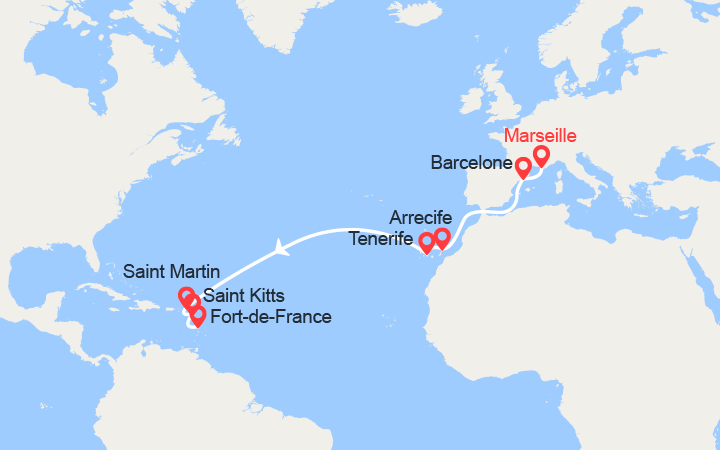 itinéraire croisière Transatlantique : Traversée Atlantique : de Marseille à Fort-de-France 