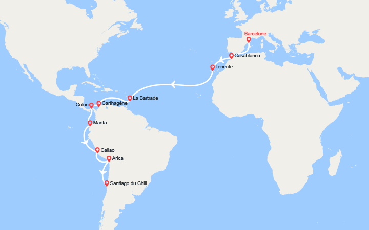 itinéraire croisière Tour du Monde : Tronçon du Tour du Monde 2026 : de Barcelone à Santiago du Chili