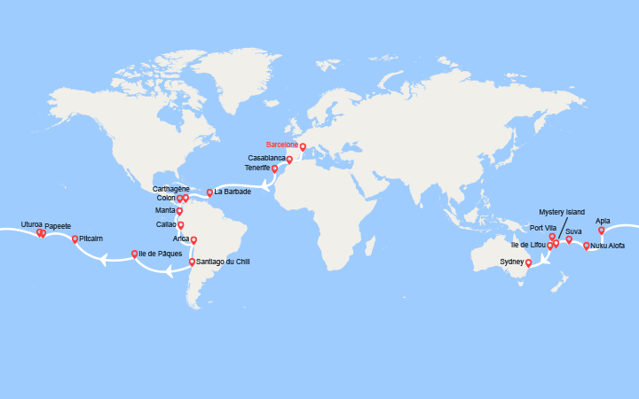 itinéraire croisière Tour du Monde : Tronçon du Tour du Monde 2026 : de Barcelone à Sydney