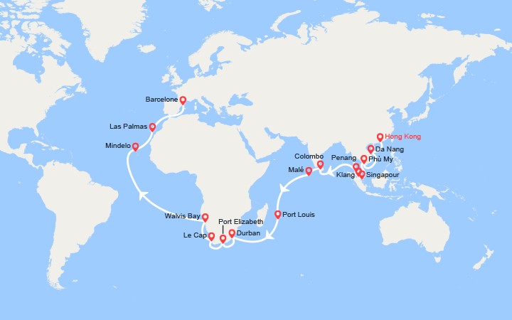 itinéraire croisière Tour du Monde : Tronçon du Tour du Monde 2026 : de Hong Kong à Barcelone