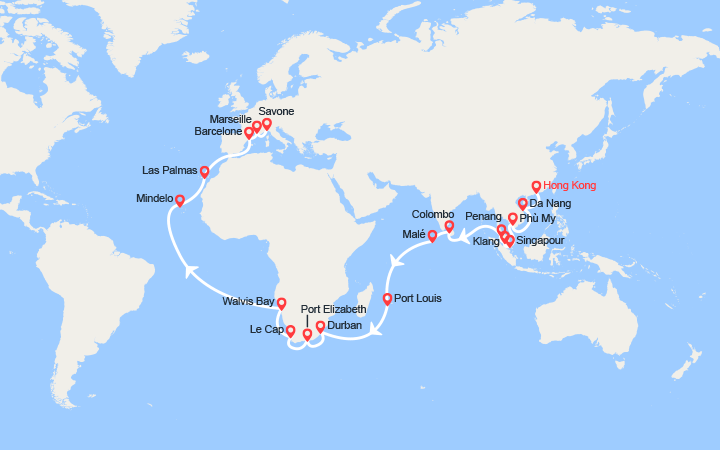 itinéraire croisière Tour du Monde : Tronçon du Tour du Monde 2026 : de Hong Kong à Savone
