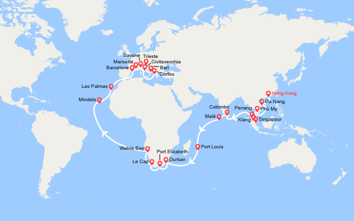 itinéraire croisière Tour du Monde : Tronçon du Tour du Monde 2026 : de Hong Kong à Trieste