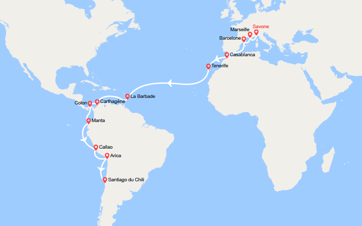 itinéraire croisière Tour du Monde : Tronçon du Tour du Monde 2026 : de Savone à Santiago du Chili