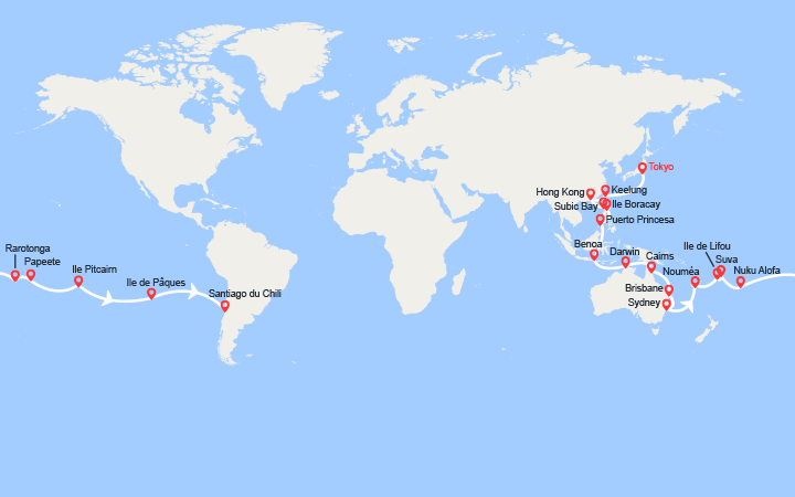 itinéraire croisière Tour du Monde : Tronçon du Tour du Monde 2026 : de Tokyo à Santiago du Chili