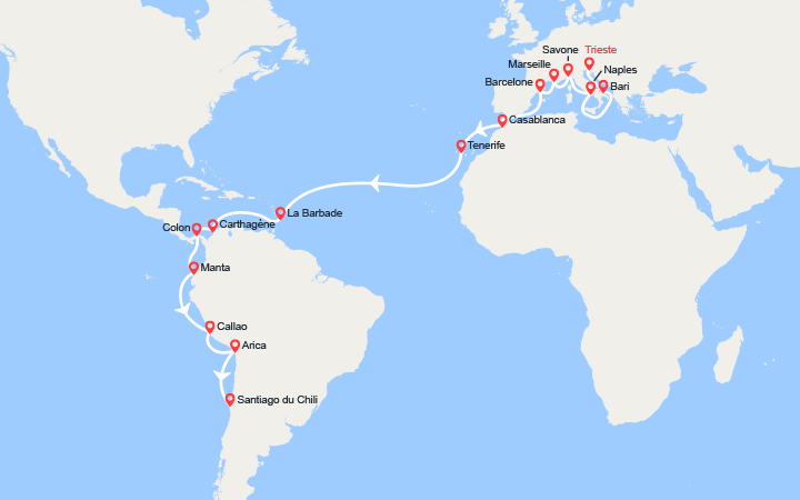 itinéraire croisière Tour du Monde : Tronçon du Tour du Monde 2026 : de Trieste à Santiago du Chili