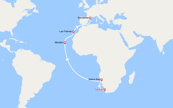 itinéraire croisière Tour du Monde : Tronçon du Tour du Monde 2026 : du Cap à Barcelone