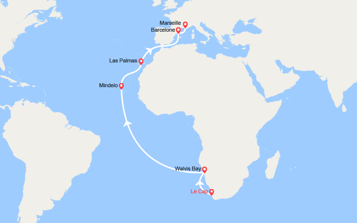 itinéraire croisière Tour du Monde : Tronçon du Tour du Monde 2026 : du Cap à Marseille