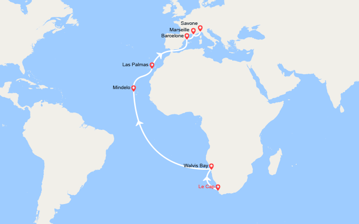 itinéraire croisière Tour du Monde : Tronçon du Tour du Monde 2026 : du Cap à Savone