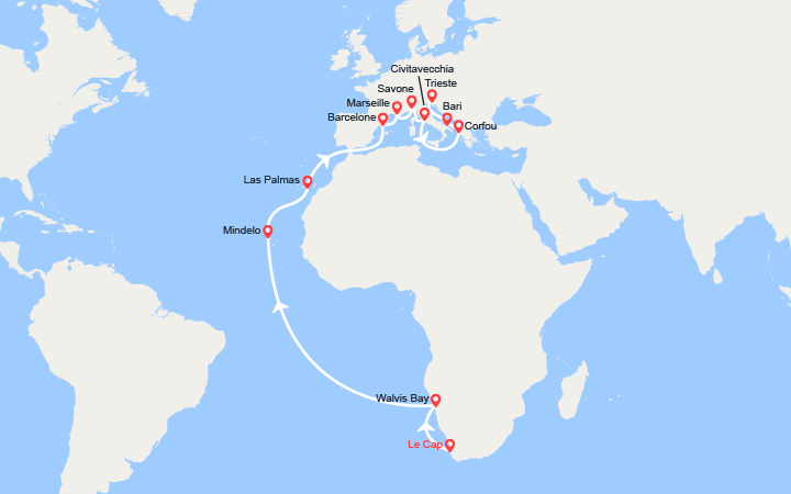 Carte itinéraire croisière troncon du tour du monde 2026 du cap a trieste