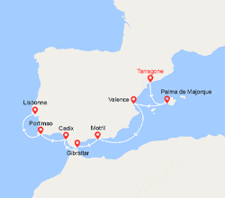 itin&eacute;raire croisi&egrave;re Méditerranée Occidentale :  Baléares, Espagne, Gibraltar, Portugal 