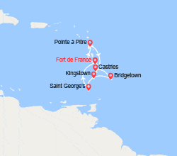 itinéraire croisière Caraïbes et Antilles :  Martinique, Guadeloupe, Sainte-Lucie, Barbade, Saint-Vincent-et-les-Grenadines, Grenade 