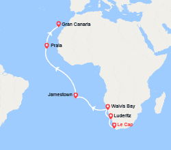 itin&eacute;raire croisi&egrave;re Afrique : Afrique du Sud, Namibie, île de Sainte-Hélène, Cap-Vert, Espagne 