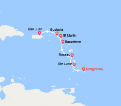 itin&eacute;raire croisi&egrave;re Caraïbes et Antilles : Barbade, Ste Lucie, Dominique, St Christophe et Niévès, St Martin, Porto Rico 