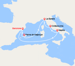 itin&eacute;raire croisi&egrave;re Méditerranée Occidentale : Barcelone, Palma de Majorque, La Spezia, Rome, Naples 