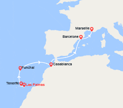 itinéraire croisière Méditerranée Occidentale : Canaries, Madère, Maroc, Espagne, France 