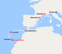 itinéraire croisière Méditerranée Occidentale : Canaries, Madère, Maroc, Espagne, France, Italie 