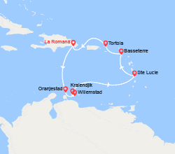 itinéraire croisière Caraïbes et Antilles : Caraïbes au départ de la Rép. Dominicaine : Aruba, Sainte-Lucie, Tortola 