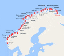 itinéraire croisière Fjords : Côte Norvégienne du Nord au Sud: de Kirkenes à Bergen