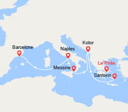 itinéraire croisière Iles grecques : D'Athènes à Barcelone : Santorin, Monténégro, Sicile, Naples 