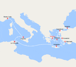 itin&eacute;raire croisi&egrave;re Méditerranée Orientale : D'Athènes à Monte-Carlo : Iles grecques, Turquie, Tunisie, Sicile 