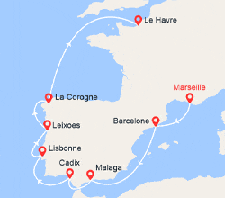 itin&eacute;raire croisi&egrave;re Méditerranée Occidentale : De Marseille au Havre : Espagne, Portugal 