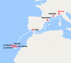 itinéraire croisière Méditerranée Occidentale : De Savone à Santa Cruz de Tenerife : Espagne & Iles Canaries 