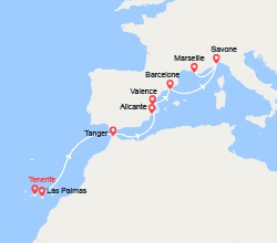 itinéraire croisière Méditerranée Occidentale : De Tenerife à Marseille : Îles Canaries, Maroc, Espagne, Italie 