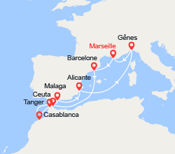 itinéraire croisière Méditerranée : Espagne, Casablanca, Italie 