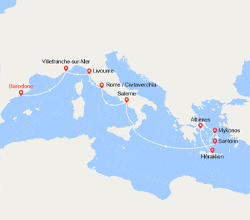 itin&eacute;raire croisi&egrave;re Méditerranée Orientale : Espagne, France, Italie, Grèce 