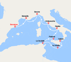itinéraire croisière Méditerranée Orientale : Espagne, France, Italie, Malte 