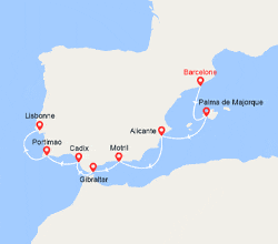 itin&eacute;raire croisi&egrave;re Méditerranée Occidentale : Espagne, Gibraltar, Portugal 