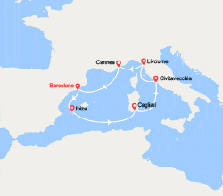 itinéraire croisière Méditerranée Occidentale : Espagne, Ibiza, Italie,France 
