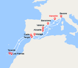 itinéraire croisière Méditerranée Occidentale : Espagne, Iles Canaries, Maroc, Italie 