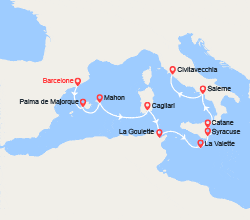 itin&eacute;raire croisi&egrave;re Méditerranée Orientale : Espagne, Italie, Tunisie, Malte 