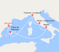 itin&eacute;raire croisi&egrave;re Méditerranée Occidentale : Espagne, Majorque, Italie 