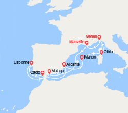 itinéraire croisière Méditerranée Occidentale : Espagne, Portugal, Baléares, Italie 